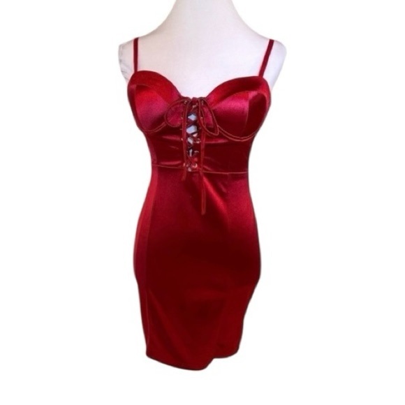 Red satin mini dress corset front ties padded bra adjustable straps ruched Sz S - Picture 2 of 14